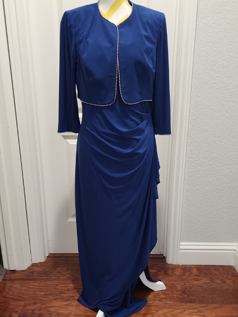 Alex Evenings Royal Blue Maxi Dress with Beaded Diamond Look Sequ Cropped Jacket